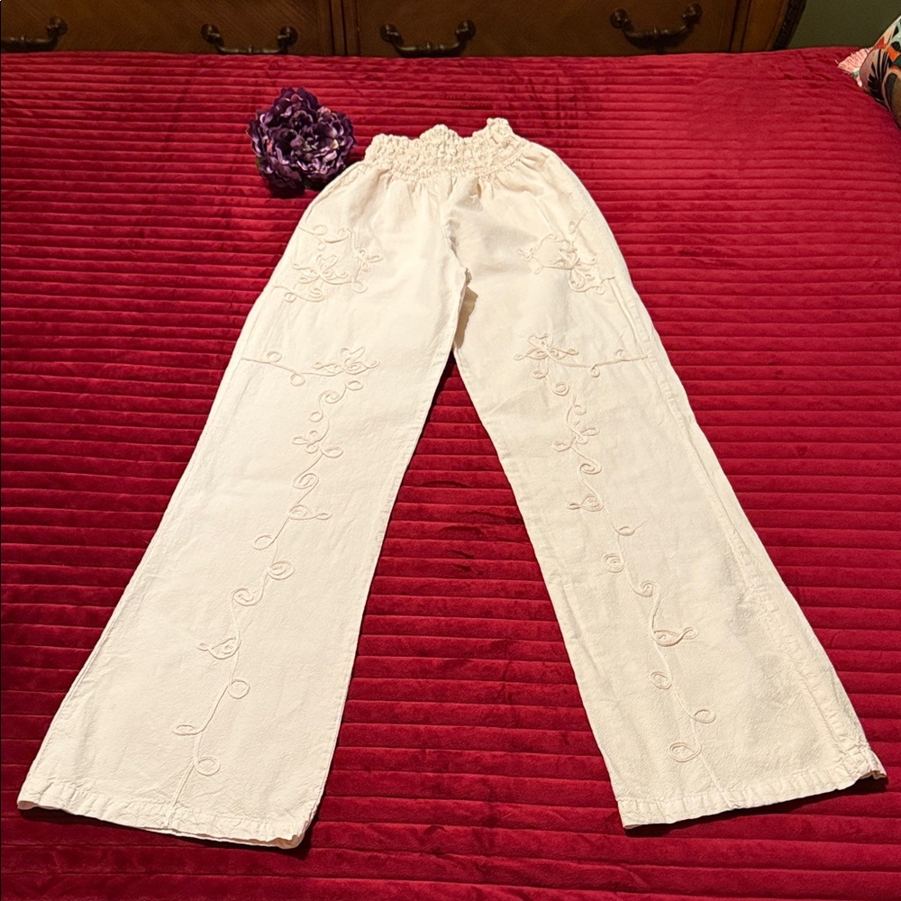 Giocam Embroidered Wide Leg Cotton Bohemian Style Pants Size Small